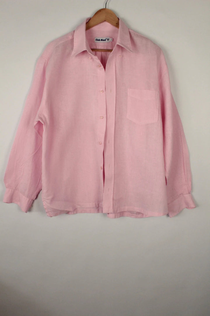 Club Med pink long sleeve shirt lightweight 100% linen classic collar button-down design