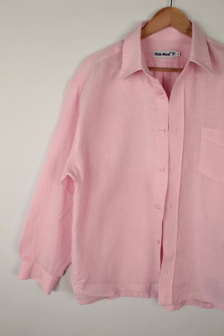Club Med pink long sleeve shirt lightweight 100% linen classic collar button-down design