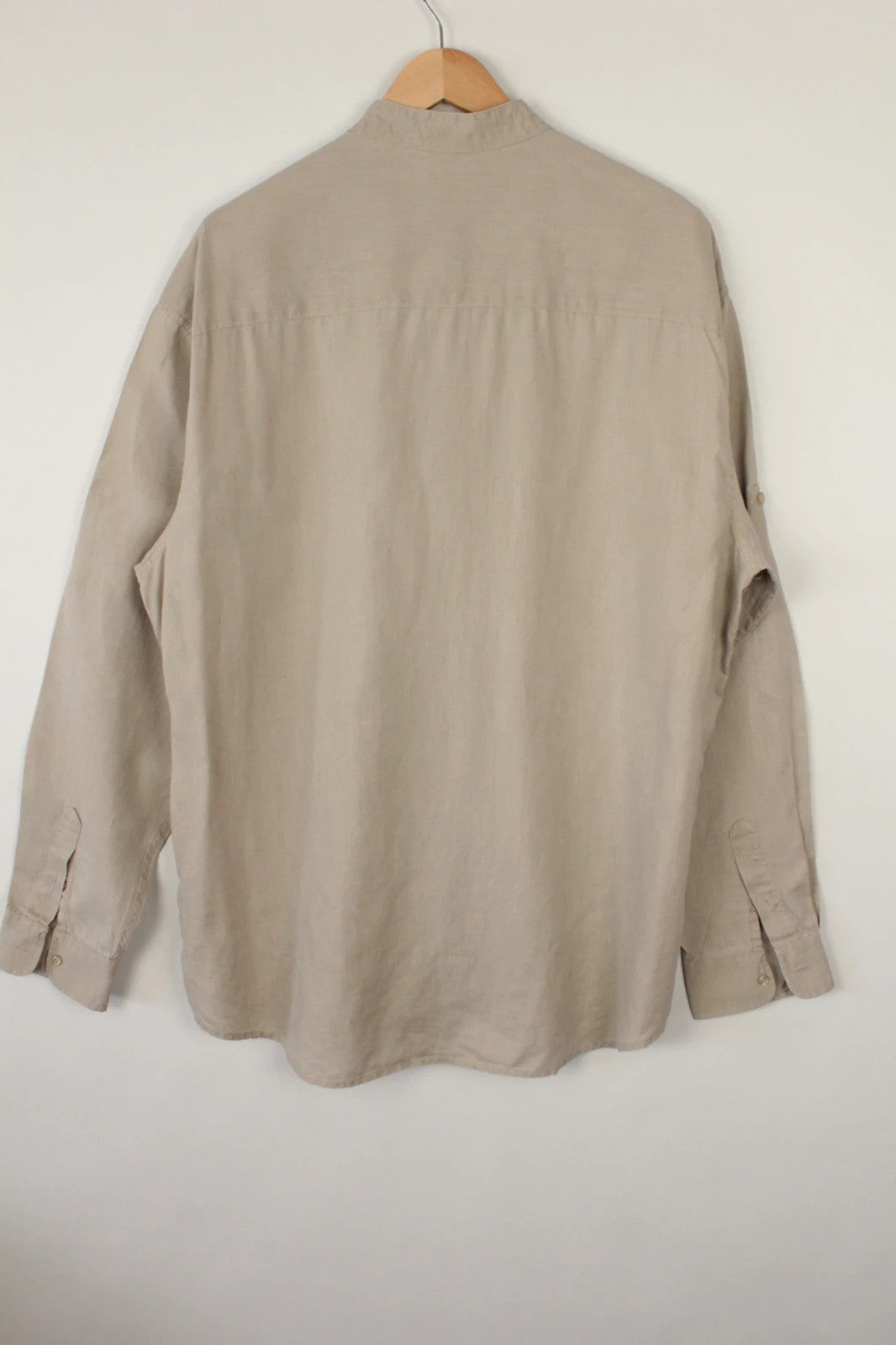 Okanagan men's popover shirt beige khaki lightweight linen with grandfather collar and button detailing.