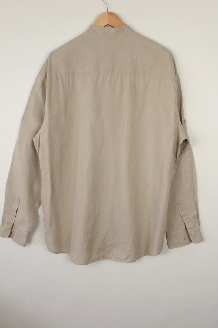 Okanagan men's popover shirt beige khaki lightweight linen with grandfather collar and button detailing.