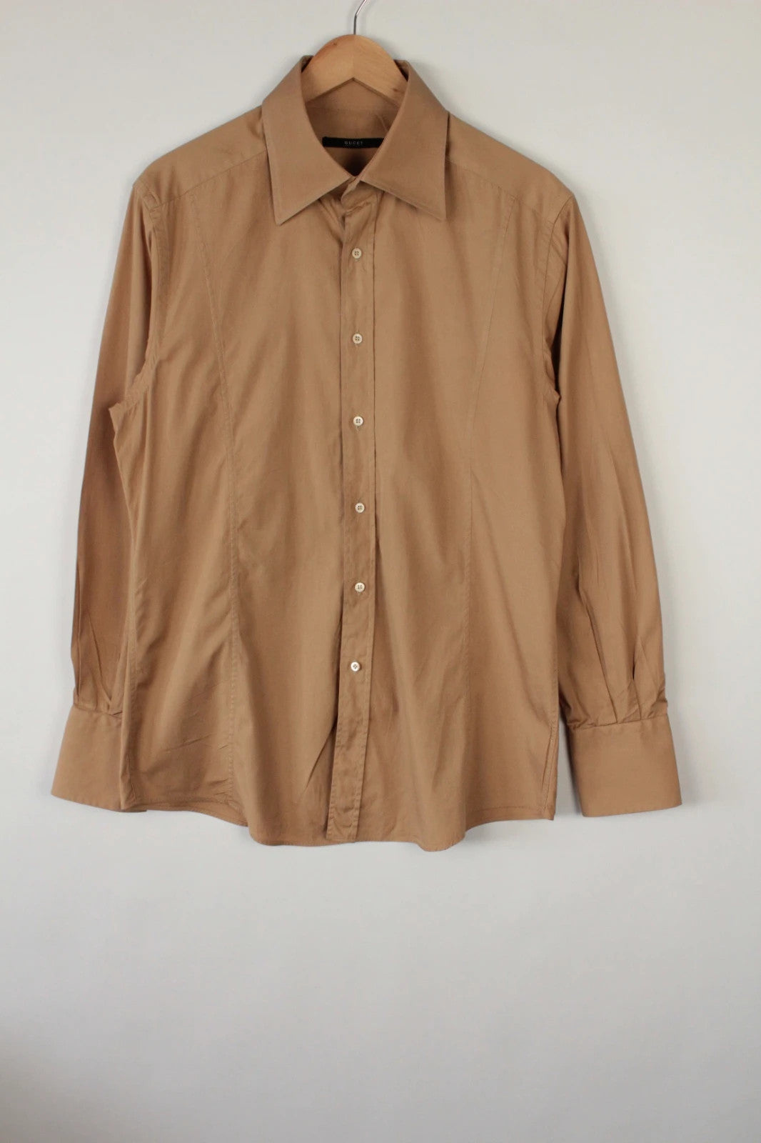 Gucci tailored shirt camel beige, elongated pointed collar, premium cotton, structural darting.