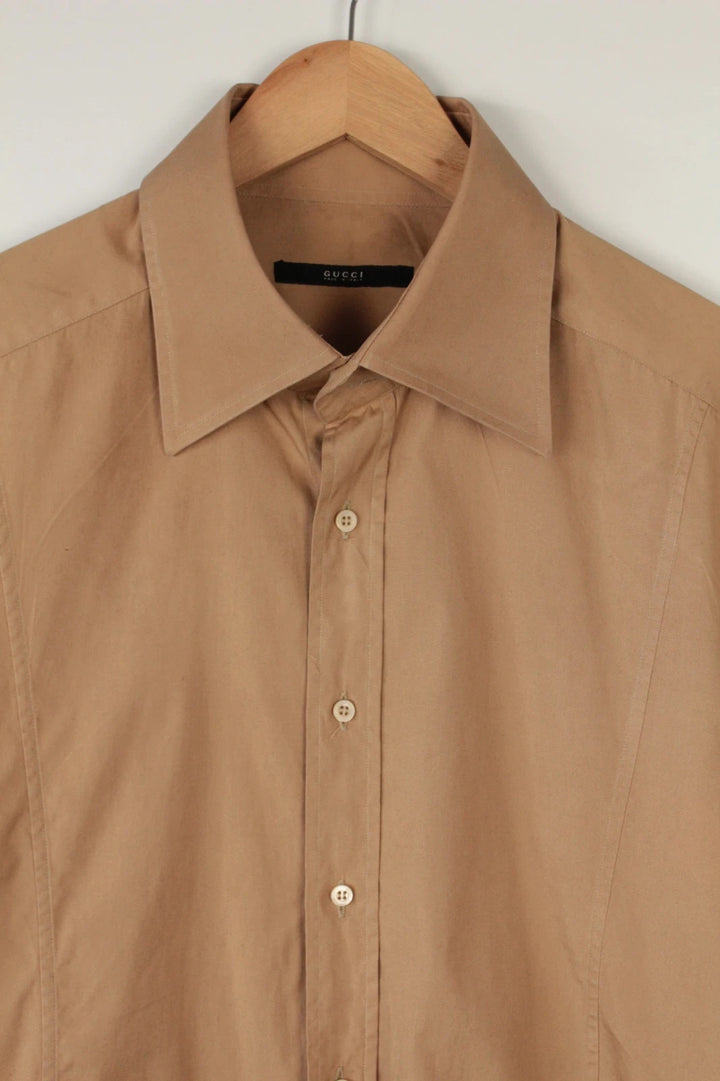 Gucci tailored shirt camel beige, elongated pointed collar, premium cotton, structural darting.