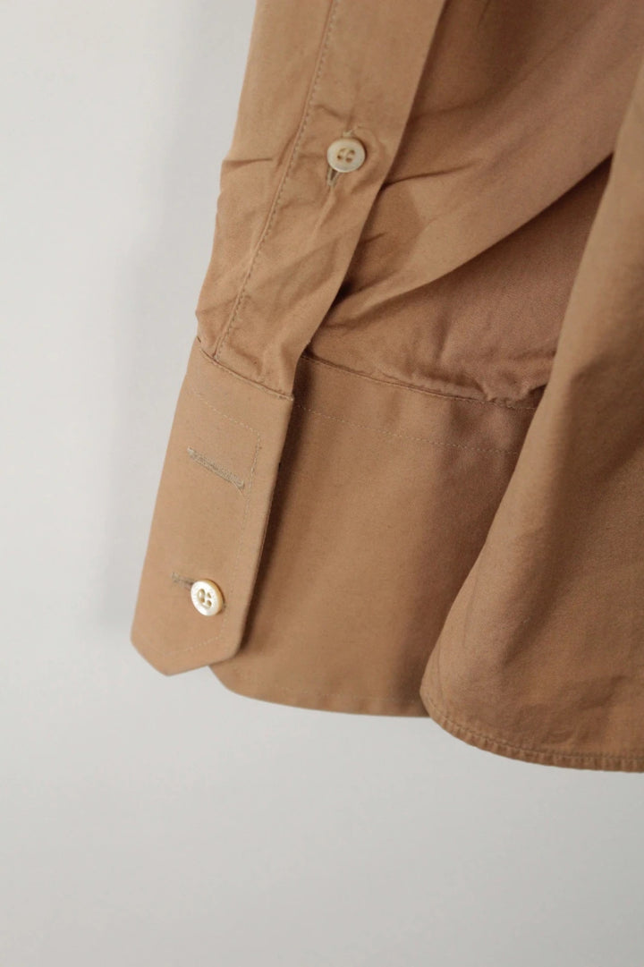 Gucci tailored shirt camel beige, elongated pointed collar, premium cotton, structural darting.