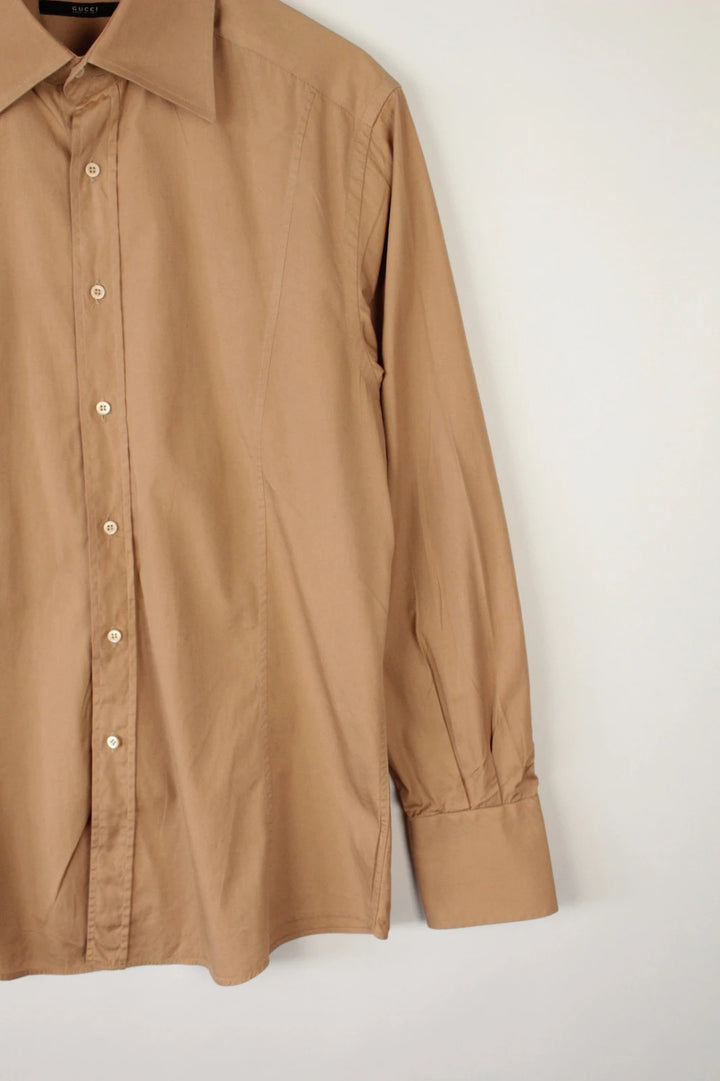 Gucci tailored shirt camel beige, elongated pointed collar, premium cotton, structural darting.