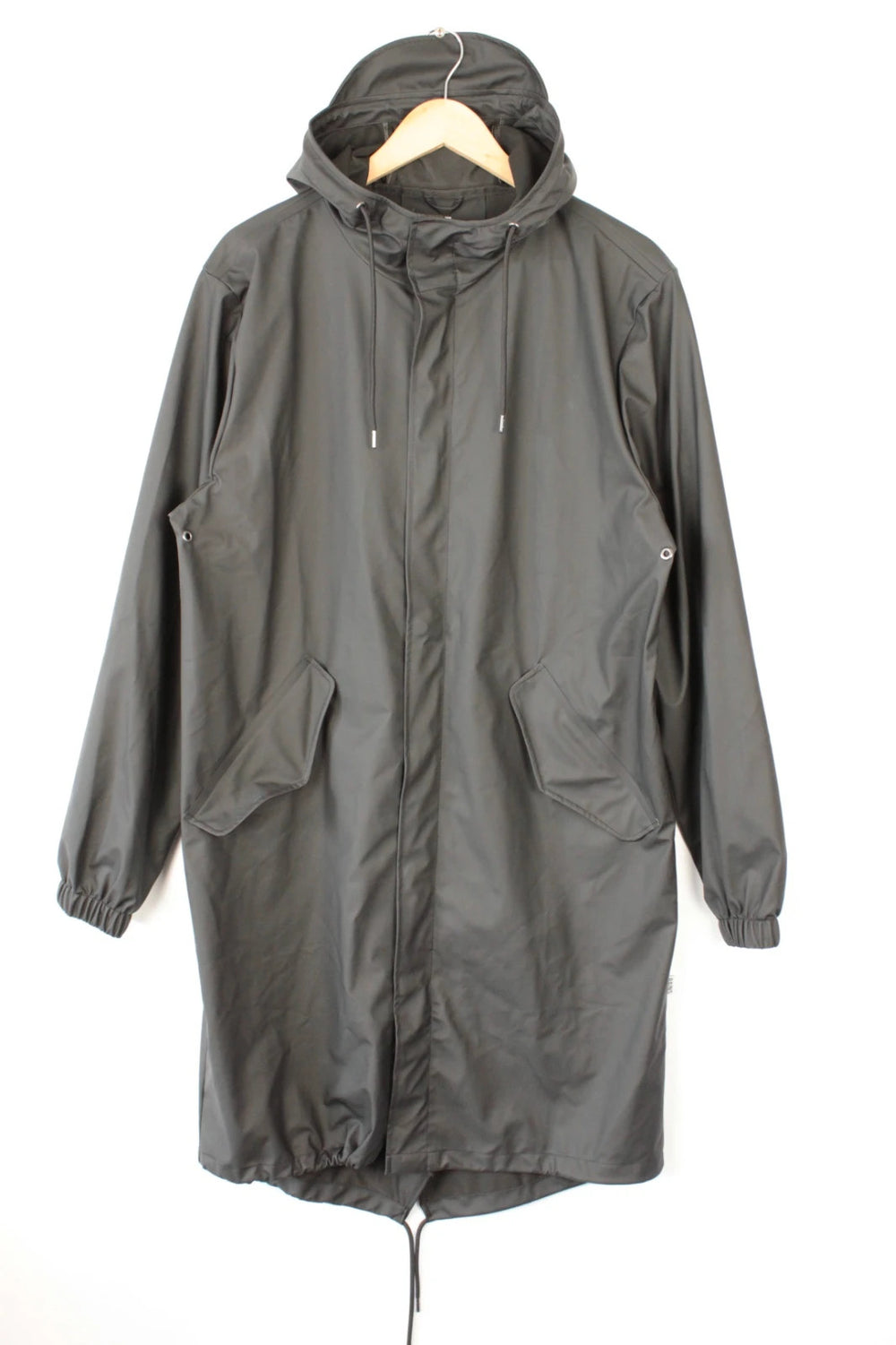 Rains black fishtail parka jacket with adjustable hood and matte finish.