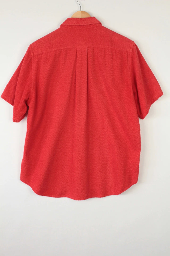 Comme des Garçons short sleeve shirt coral red terry towelling fabric with chest pocket.