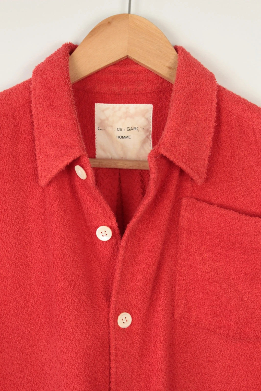 Comme des Garçons short sleeve shirt coral red terry towelling fabric with chest pocket.