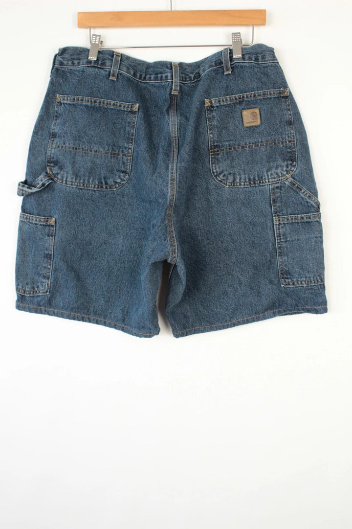 Carhartt blue denim shorts with elastic drawstring waist and leatherette logo patch.