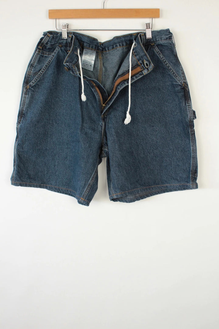 Carhartt blue denim shorts with elastic drawstring waist and leatherette logo patch.