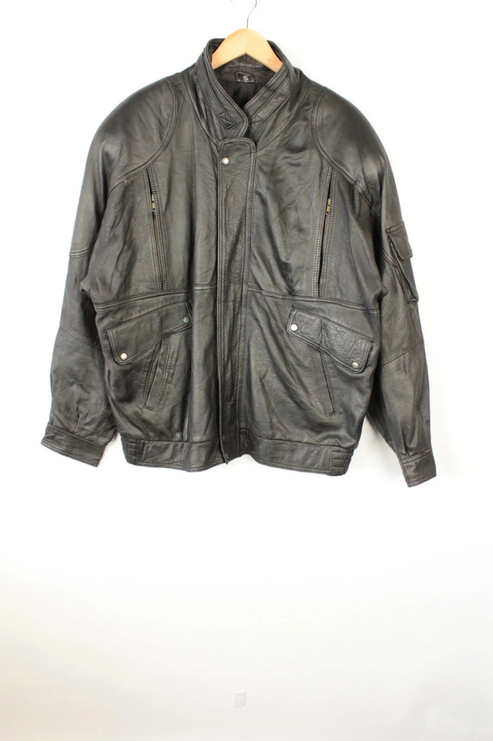 Vintage Dressing black bomber jacket, genuine leather, heavyweight, with utility arm pocket and satin lining.