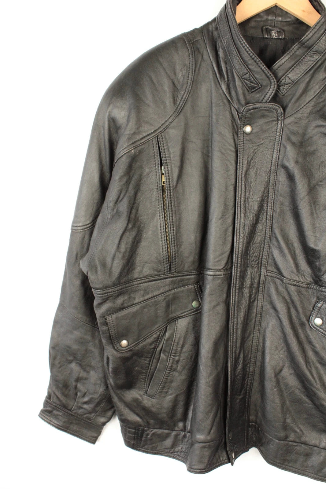 Vintage Dressing black bomber jacket, genuine leather, heavyweight, with utility arm pocket and satin lining.