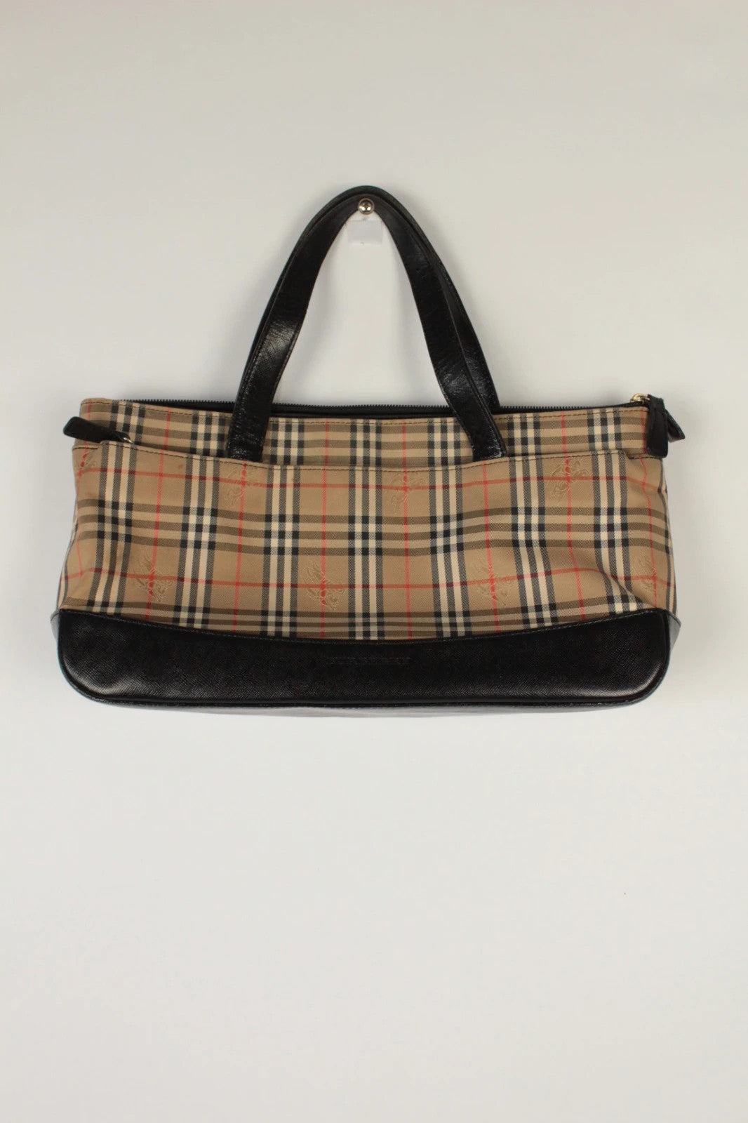Burberry beige Nova Check tote bag with black leather base and shoulder straps.
