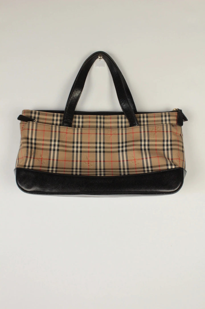 Burberry beige Nova Check tote bag with black leather base and shoulder straps.