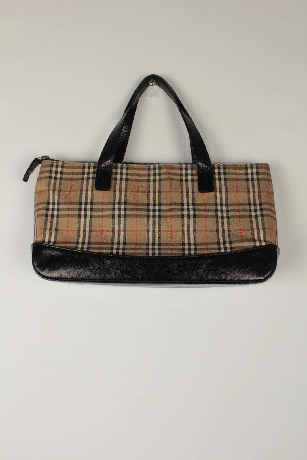 Burberry beige Nova Check tote bag with black leather base and shoulder straps.