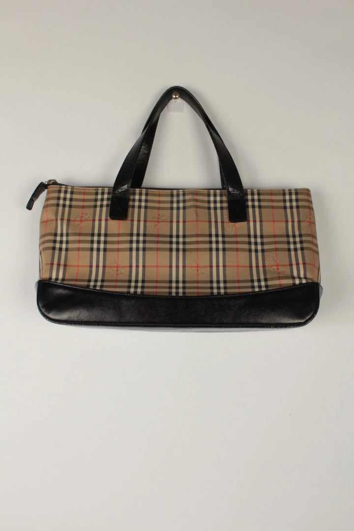 Burberry beige Nova Check tote bag with black leather base and shoulder straps.