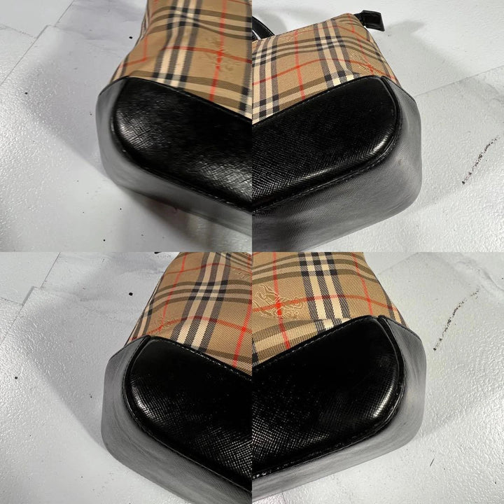 Burberry beige Nova Check tote bag with black leather base and shoulder straps.