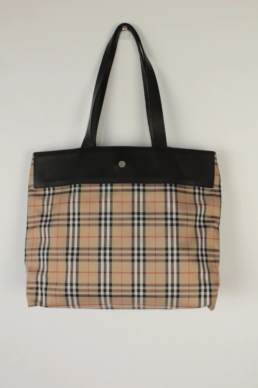 Burberry beige and black large shopper tote with iconic Nova Check pattern and leather trim.