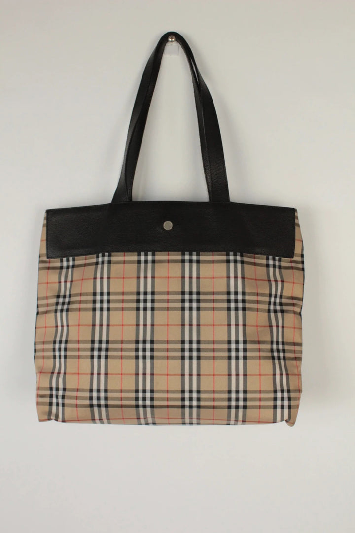 Burberry beige and black large shopper tote with iconic Nova Check pattern and leather trim.