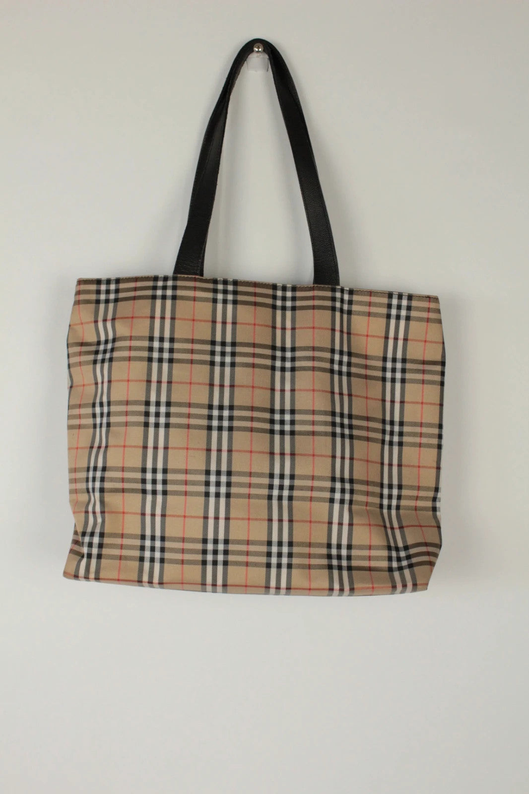 Burberry beige and black large shopper tote with iconic Nova Check pattern and leather trim.
