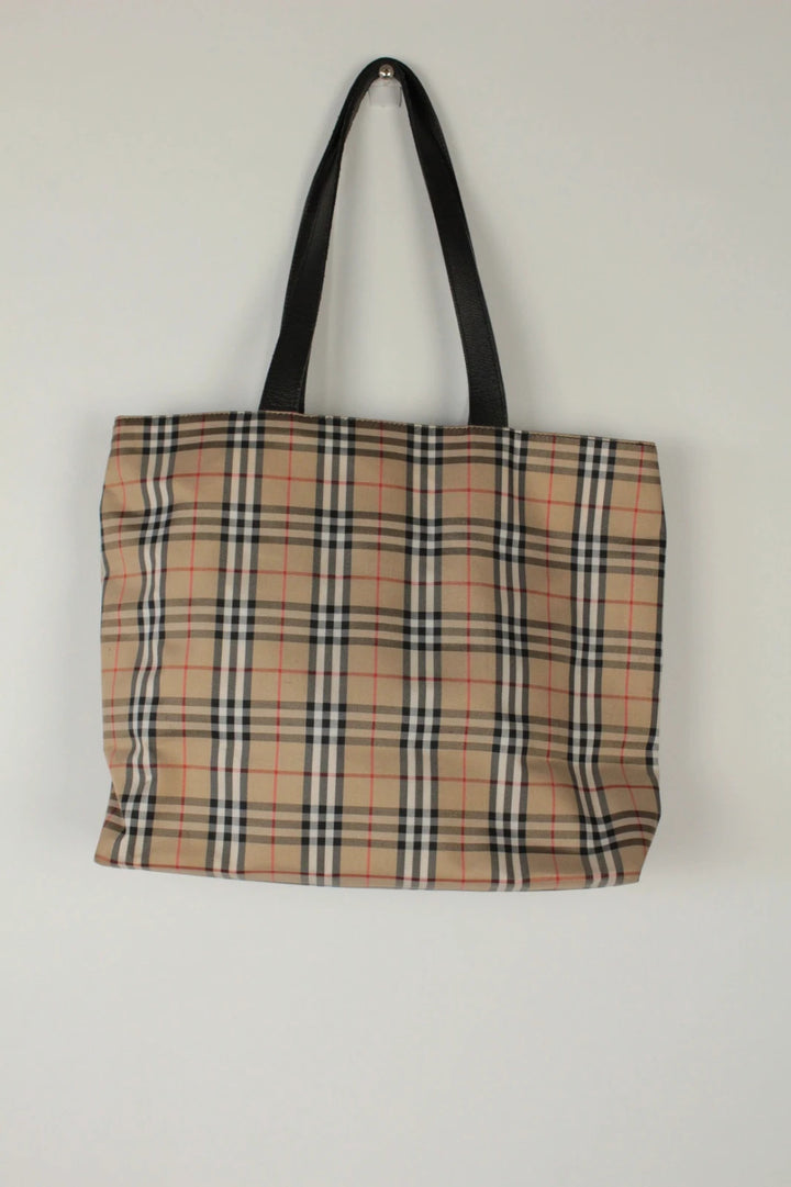 Burberry beige and black large shopper tote with iconic Nova Check pattern and leather trim.