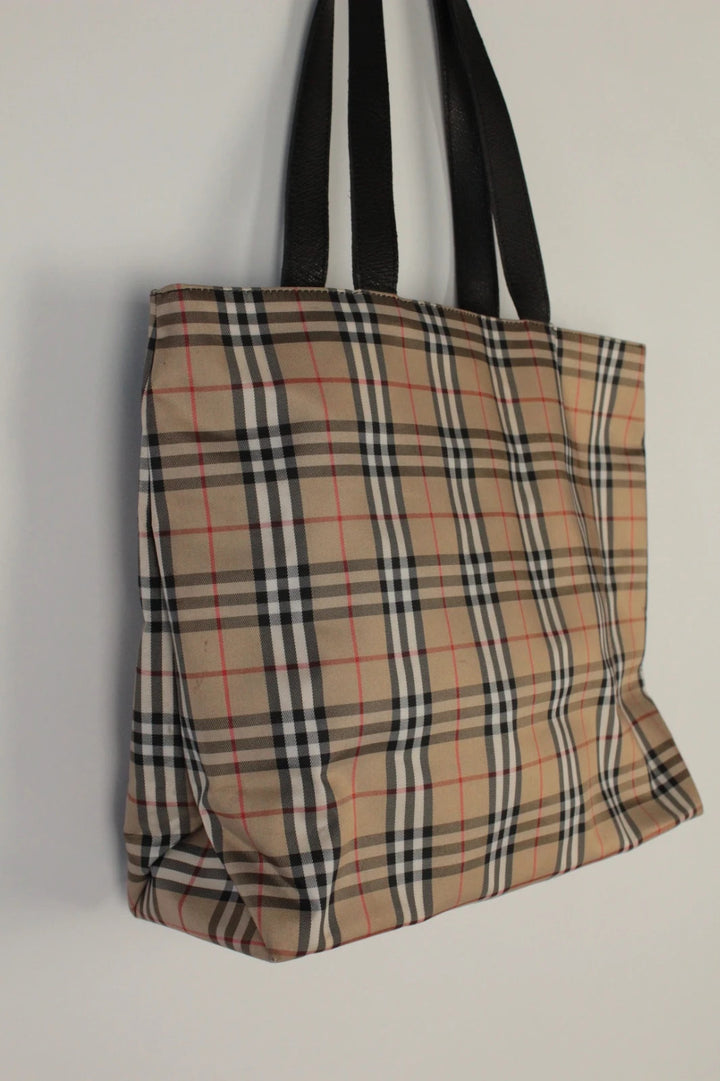 Burberry beige and black large shopper tote with iconic Nova Check pattern and leather trim.