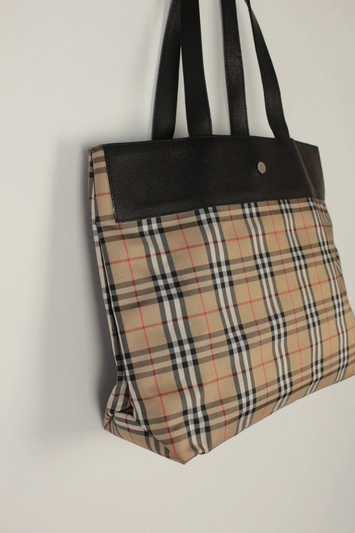 Burberry beige and black large shopper tote with iconic Nova Check pattern and leather trim.