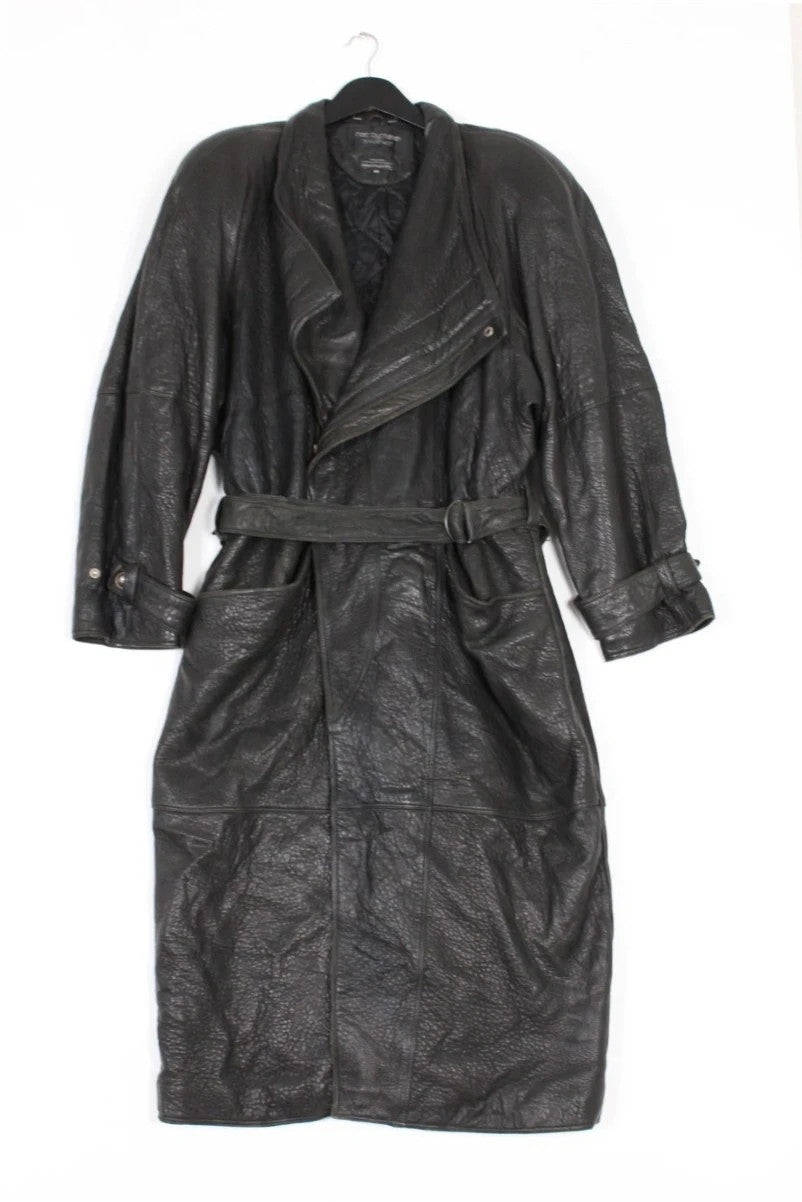 Marc Buchanan black leather belted trench coat with textured grain and deep lapels.