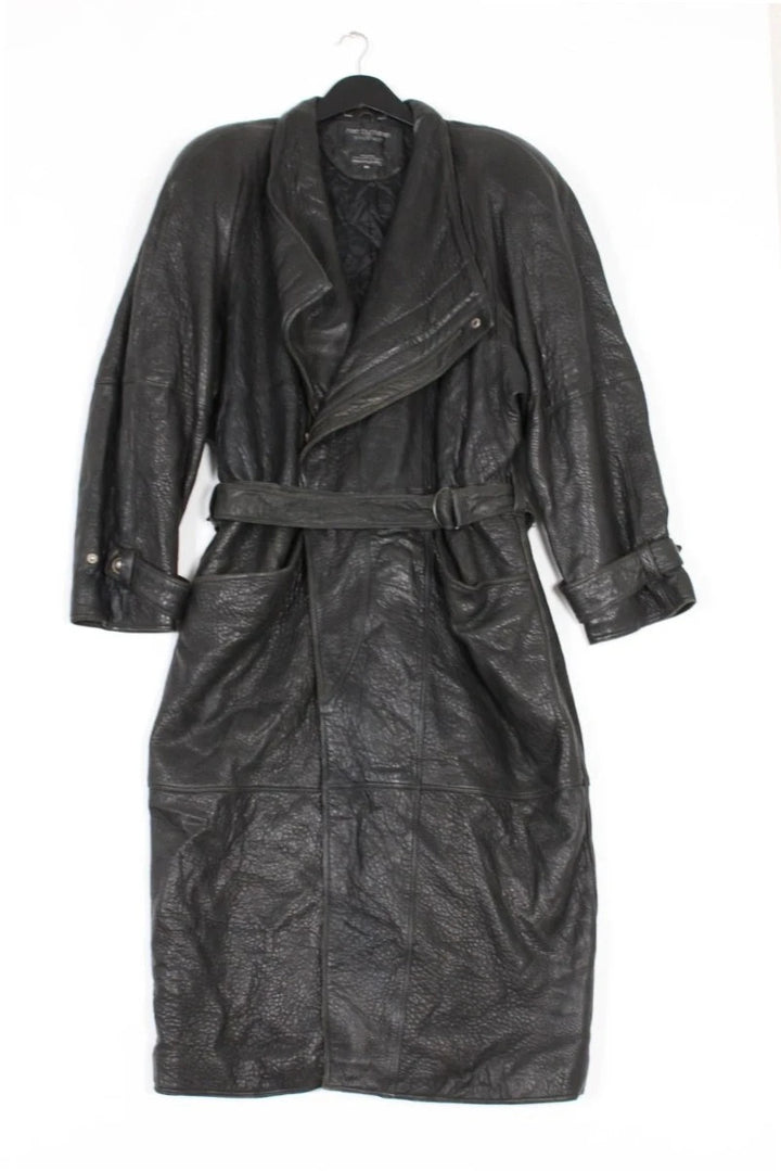 Marc Buchanan black leather belted trench coat with textured grain and deep lapels.