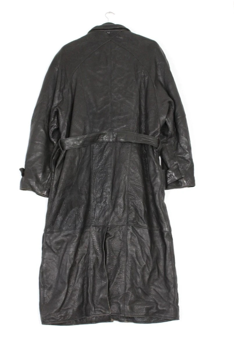 Marc Buchanan black leather belted trench coat with textured grain and deep lapels.