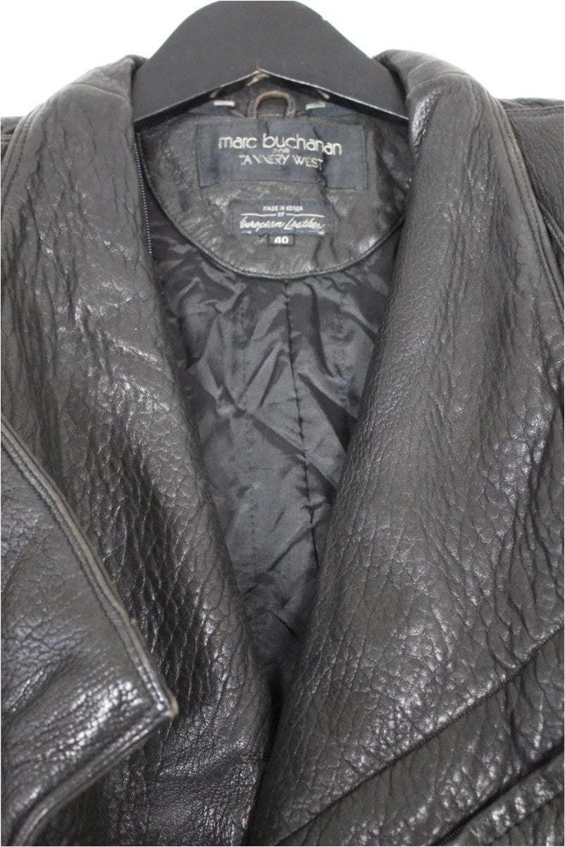 Marc Buchanan black leather belted trench coat with textured grain and deep lapels.
