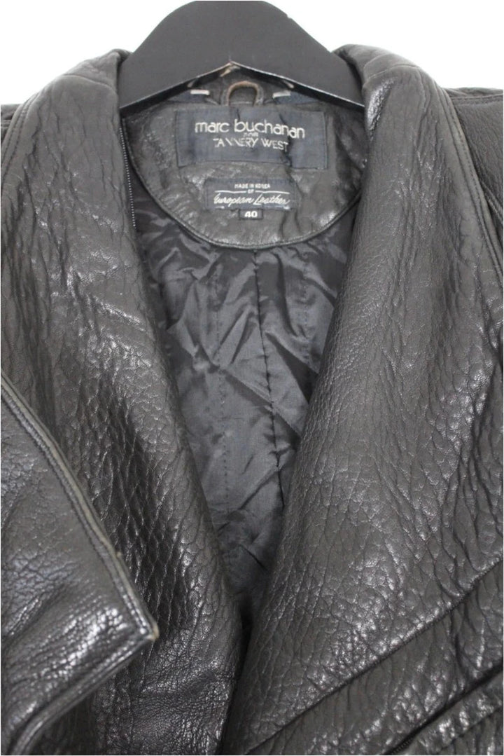 Marc Buchanan black leather belted trench coat with textured grain and deep lapels.