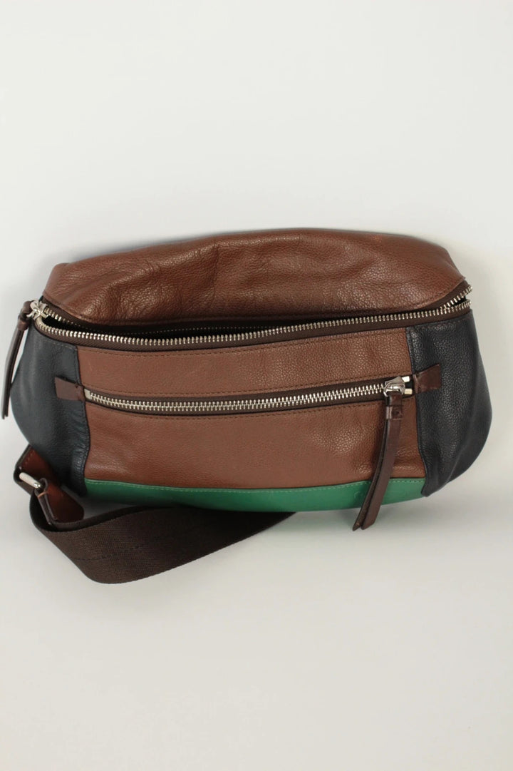 Coach fanny pack black brown emerald green colorblock design with premium pebble leather.