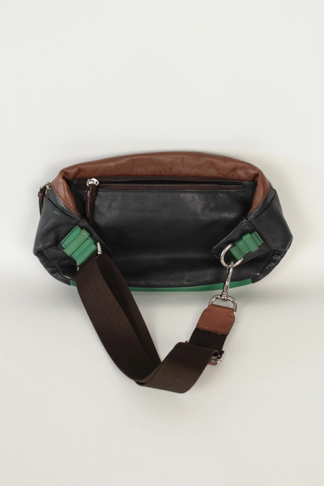 Coach fanny pack black brown emerald green colorblock design with premium pebble leather.