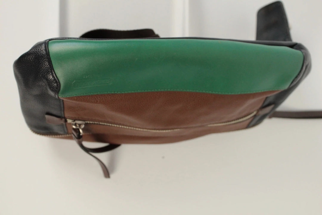 Coach fanny pack black brown emerald green colorblock design with premium pebble leather.