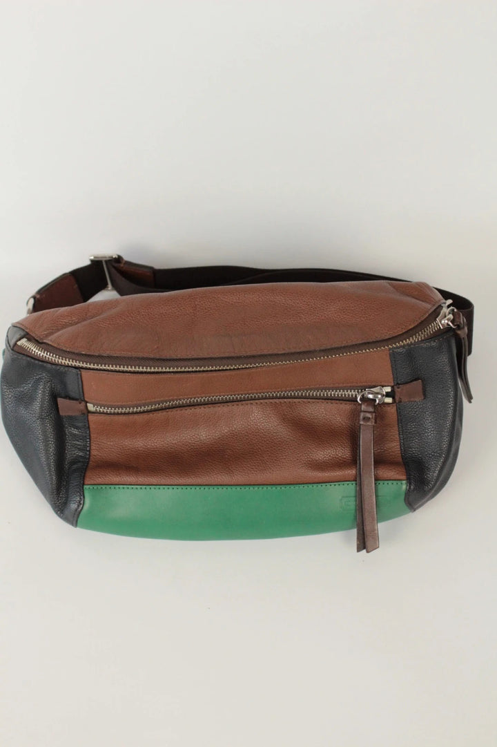 Coach fanny pack black brown emerald green colorblock design with premium pebble leather.
