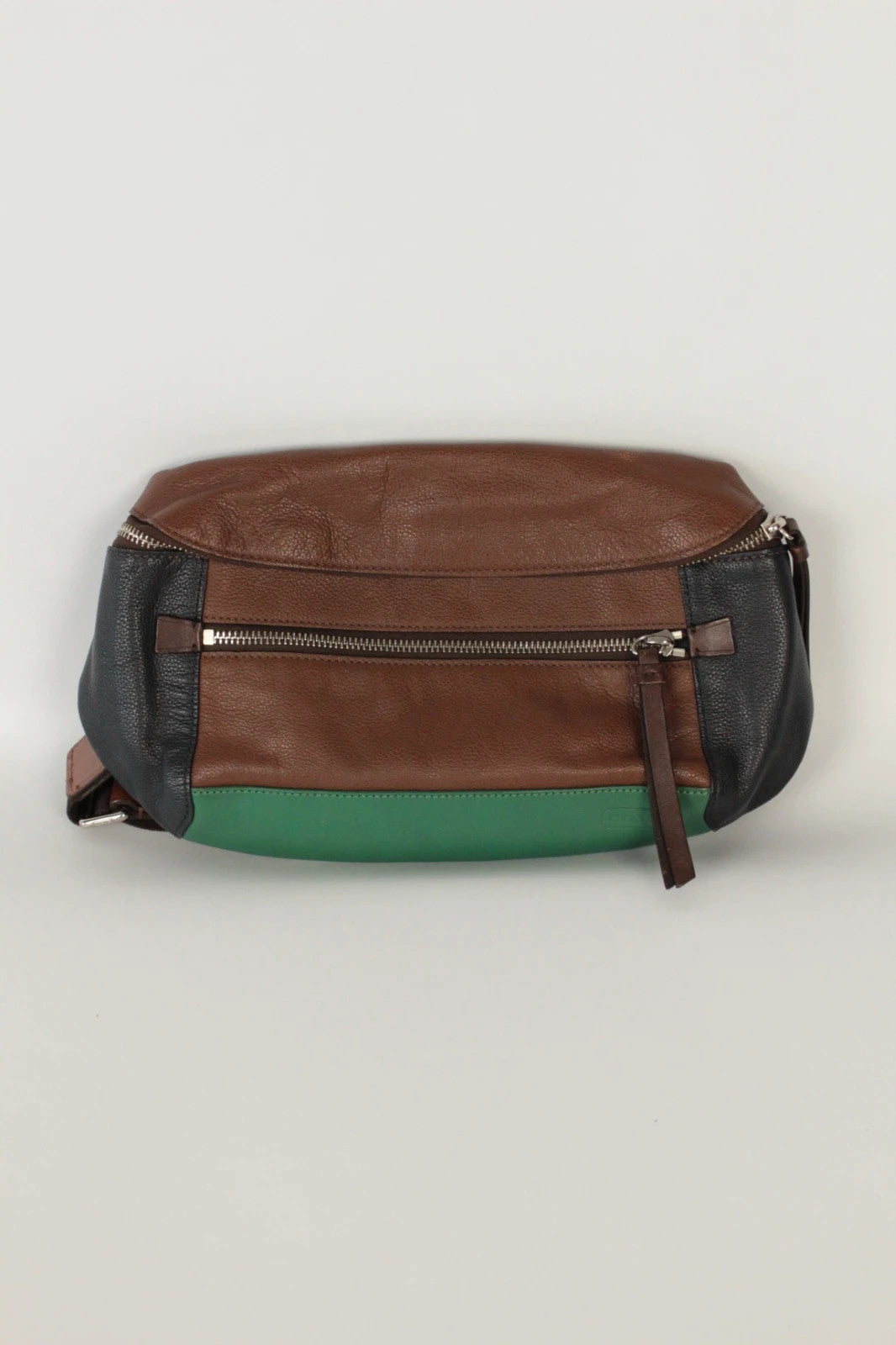 Coach fanny pack black brown emerald green colorblock design with premium pebble leather.