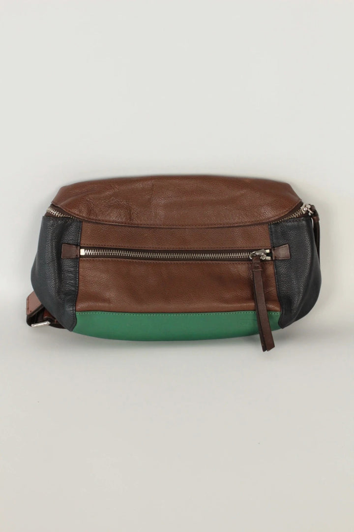 Coach fanny pack black brown emerald green colorblock design with premium pebble leather.