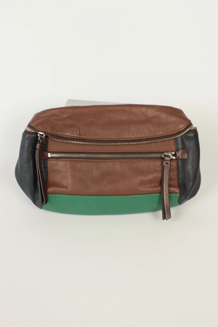 Coach fanny pack black brown emerald green colorblock design with premium pebble leather.