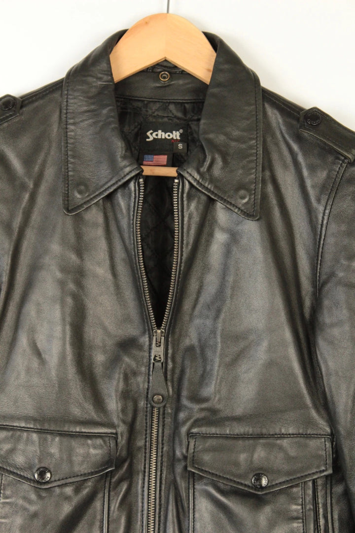Schott black leather flight bomber jacket with ribbed cuffs and smooth front zip.