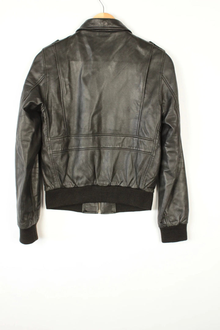 Schott black leather flight bomber jacket with ribbed cuffs and smooth front zip.
