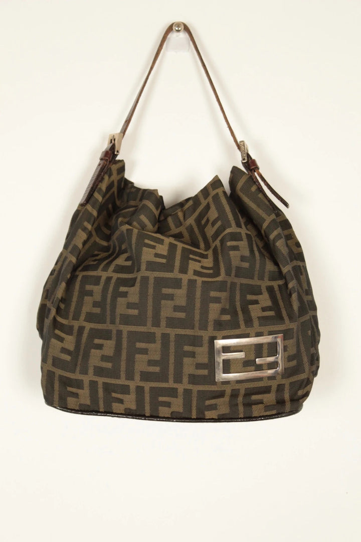 Fendi black and brown Zucca canvas hobo bag with FF monogram and leather trim.