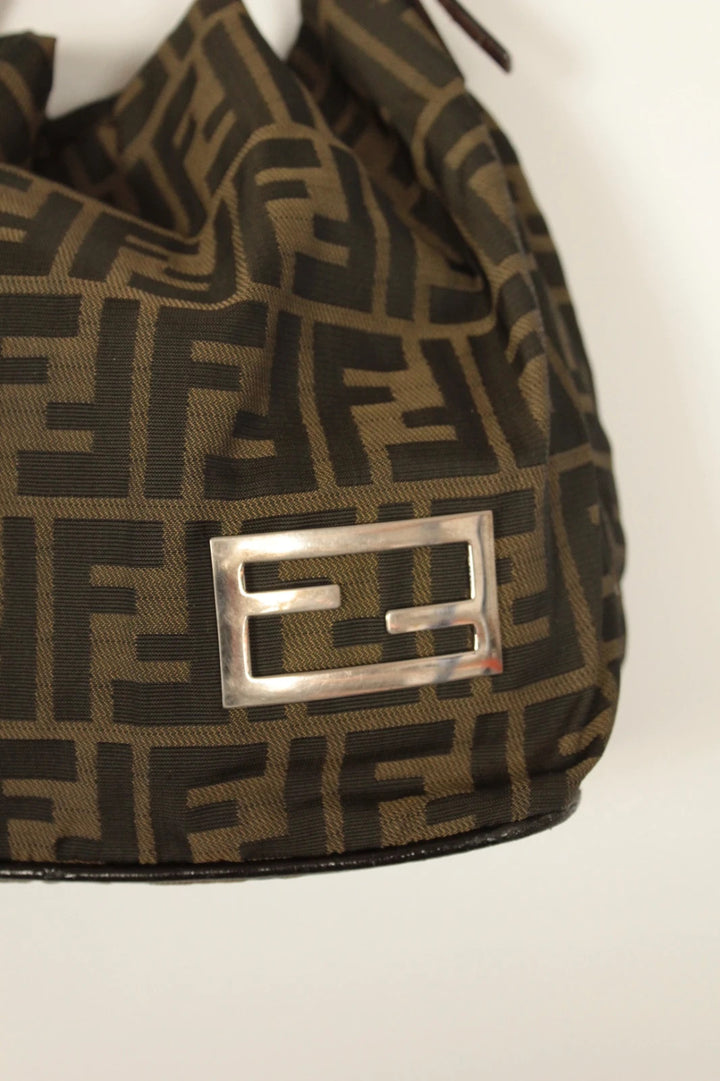 Fendi black and brown Zucca canvas hobo bag with FF monogram and leather trim.