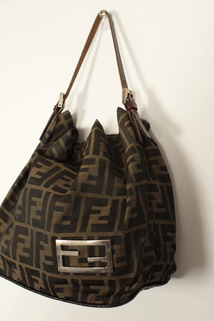 Fendi black and brown Zucca canvas hobo bag with FF monogram and leather trim.
