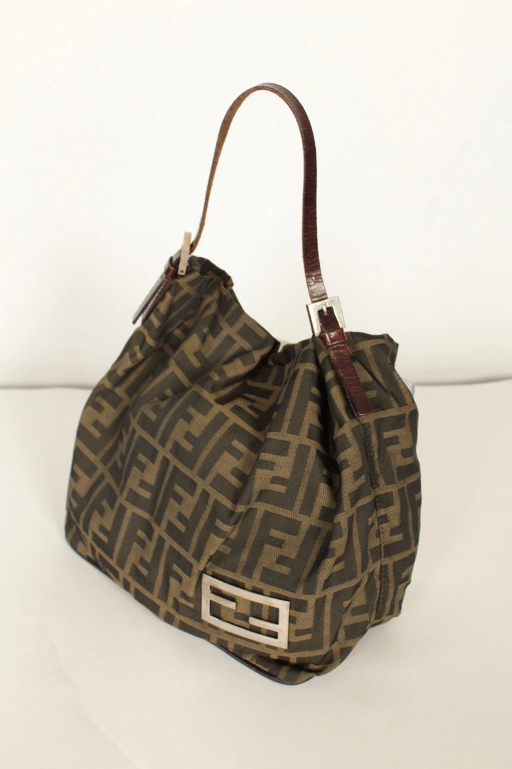 Fendi black and brown Zucca canvas hobo bag with FF monogram and leather trim.