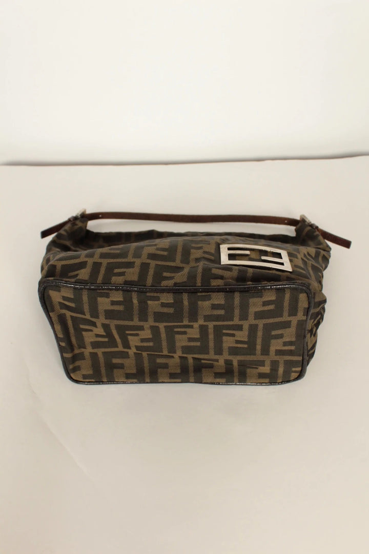 Fendi black and brown Zucca canvas hobo bag with FF monogram and leather trim.