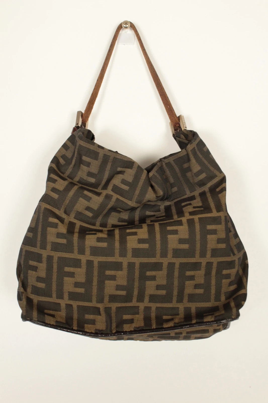 Fendi black and brown Zucca canvas hobo bag with FF monogram and leather trim.