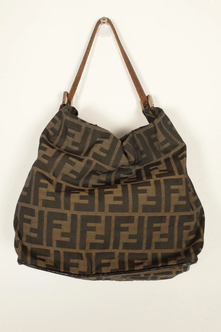 Fendi black and brown Zucca canvas hobo bag with FF monogram and leather trim.