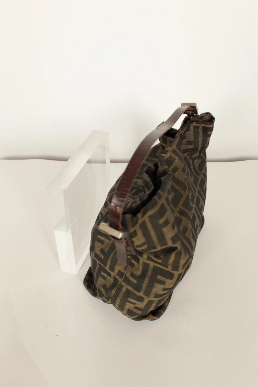 Fendi black and brown Zucca canvas hobo bag with FF monogram and leather trim.