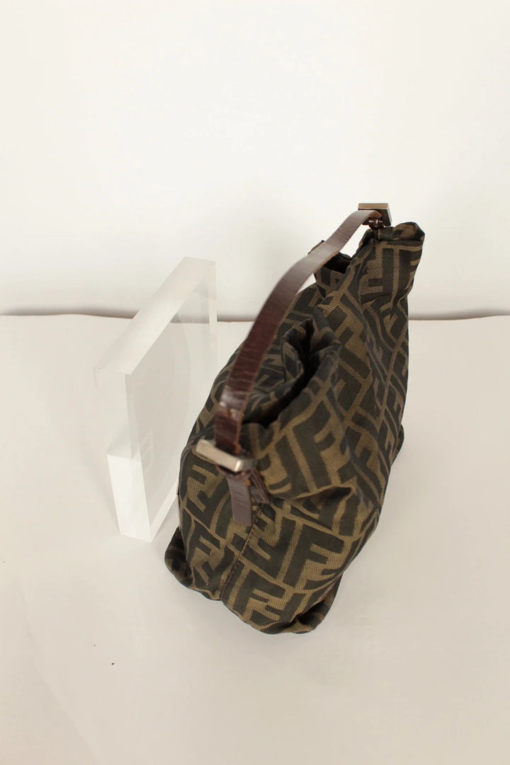 Fendi black and brown Zucca canvas hobo bag with FF monogram and leather trim.