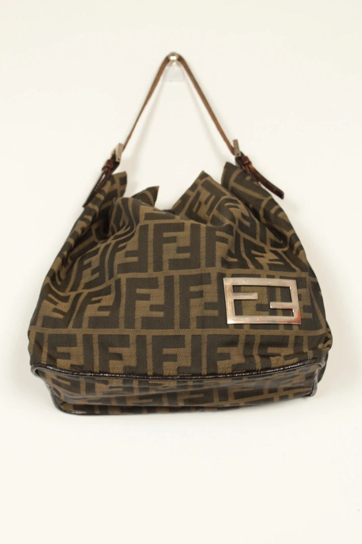 Fendi black and brown Zucca canvas hobo bag with FF monogram and leather trim.